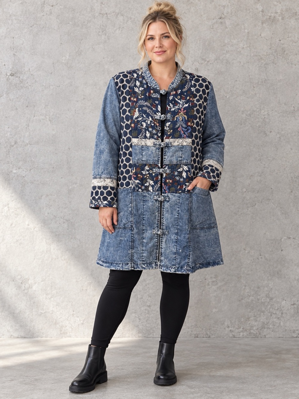 LA Blend XL Patchwork Tapestry Denim Art to Wear Boho Duster Jacket